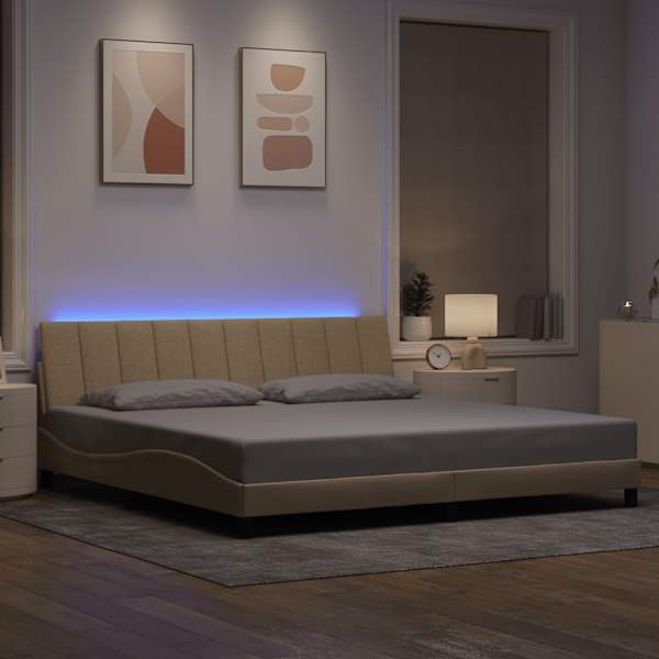 LED-valgustusega voodiraam, kreemjasvalge, 200 × 200 cm, kangas — mudel 3310487
