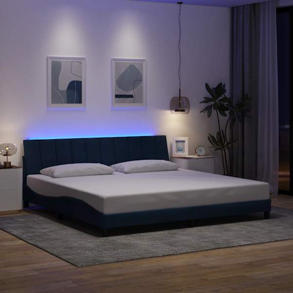 LED-valgustusega voodiraam, sinine, 200 × 200 cm, kangas — mudel 3310488