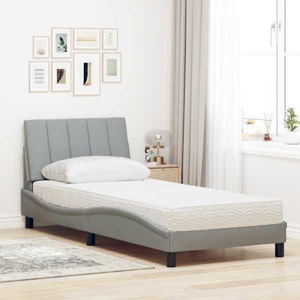 Voodiraam koos madratsiga, helehall, 90 × 190 cm, kangas — mudel 3310496