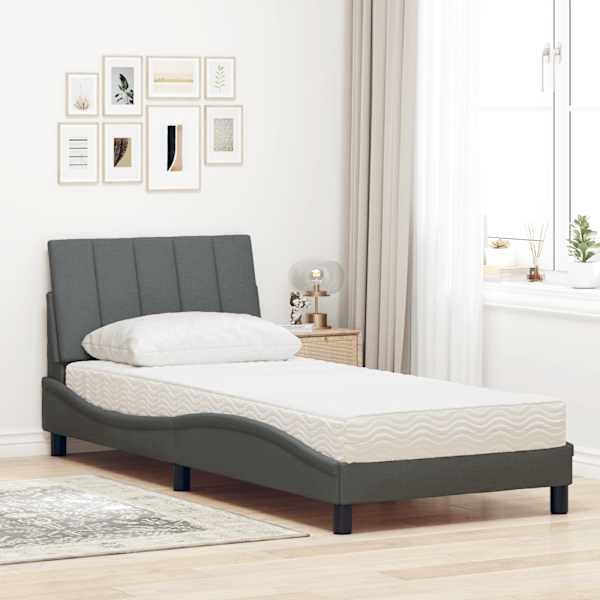 Voodiraam koos madratsiga, tumehall, 90 × 190 cm, kangas — mudel 3310497