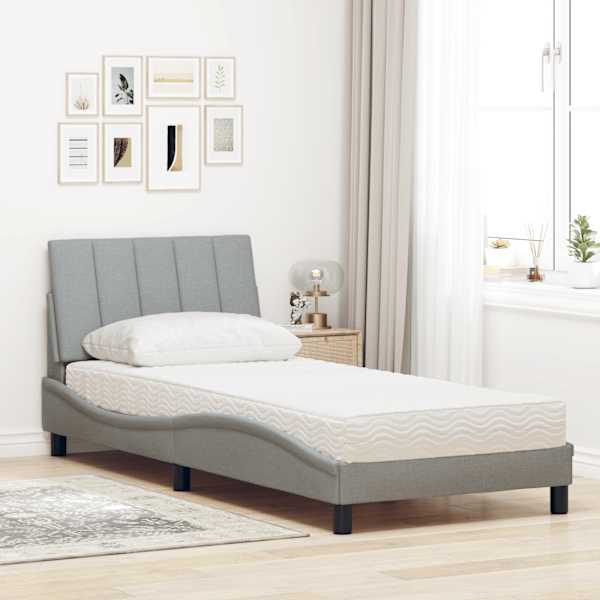 Voodiraam koos madratsiga, helehall, 90 × 200 cm, kangas — mudel 3310503