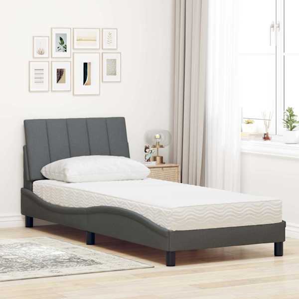 Voodiraam koos madratsiga, tumehall, 90 × 200 cm, kangas — mudel 3310504