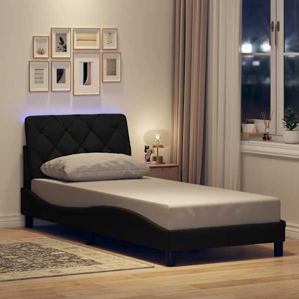LED-valgustusega voodiraam, must, 90 × 190 cm, kangas — mudel 3310638