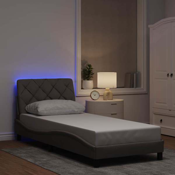 LED-valgustusega voodiraam, pruunikashall, 90 × 190 cm, kangas — mudel 3310640