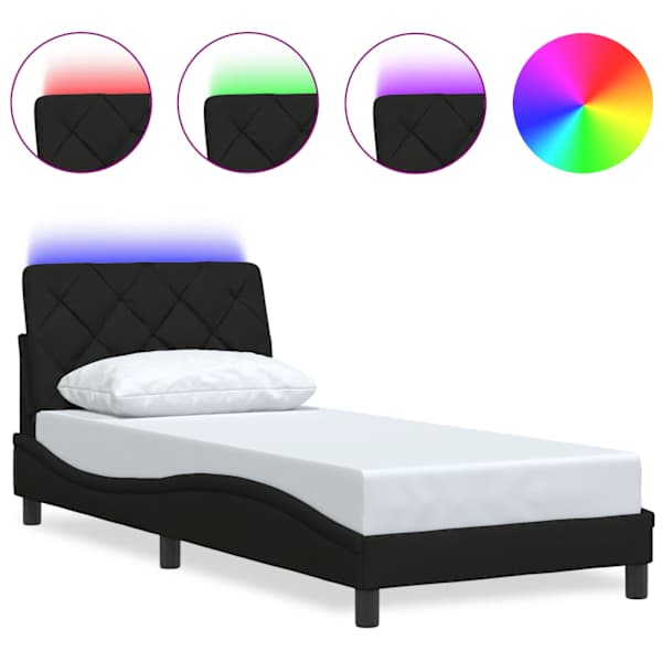 LED-valgustusega voodiraam, must, 90 × 200 cm, kangas — mudel 3310645