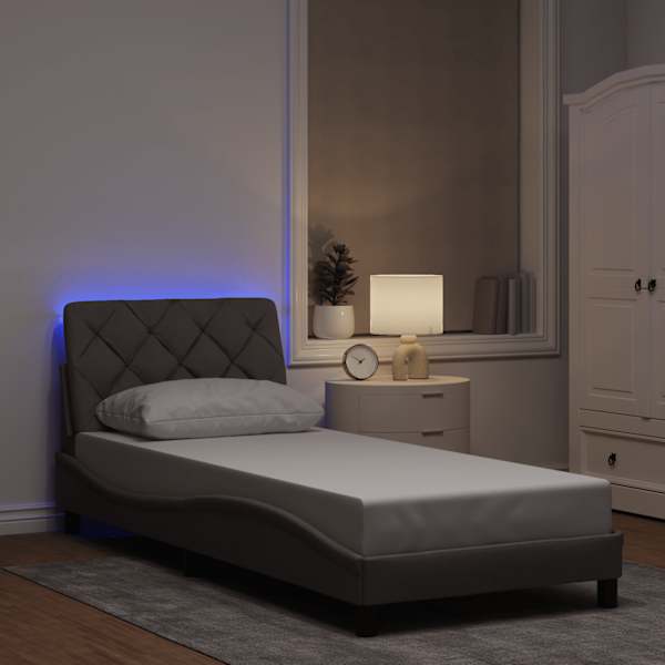 LED-valgustusega voodiraam, pruunikashall, 90 × 200 cm, kangas — mudel 3310647