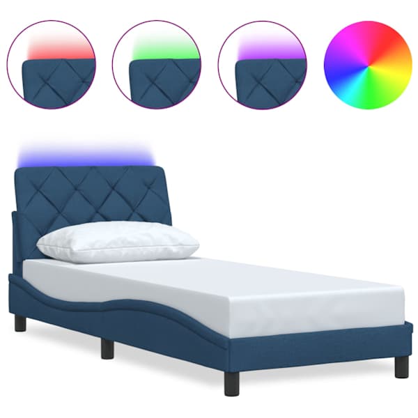 LED-valgustusega voodiraam, sinine, 90 × 200 cm, kangas — mudel 3310649