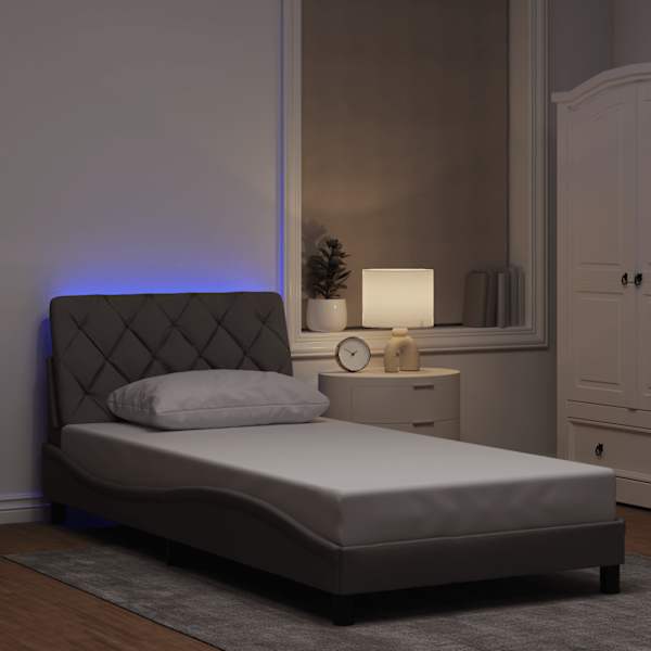 LED-valgustusega voodiraam, pruunikashall, 100 × 200 cm, kangas — mudel 3310654