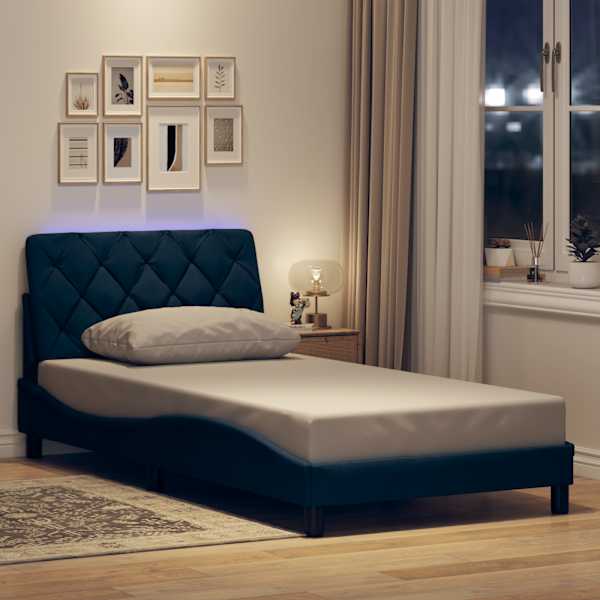 LED-valgustusega voodiraam, sinine, 100 × 200 cm, kangas — mudel 3310656