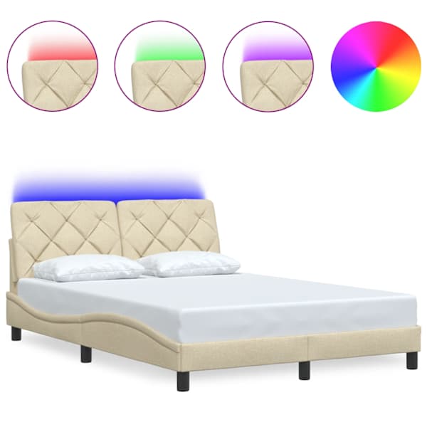 LED-valgustusega voodiraam, kreemjasvalge, 140 × 190 cm, kangas — mudel 3310669