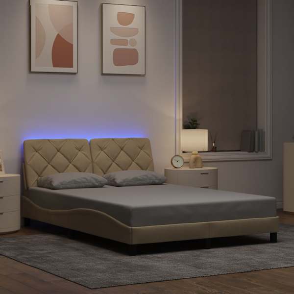 LED-valgustusega voodiraam, kreemjasvalge, 140 × 190 cm, kangas — mudel 3310669