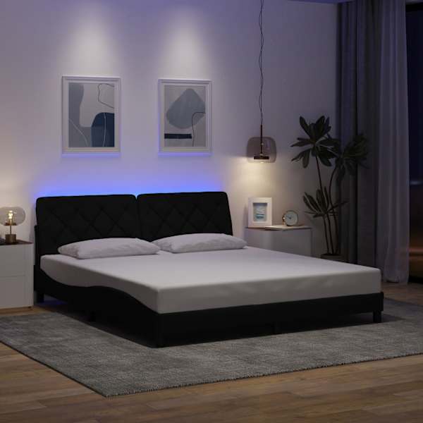 LED-valgustusega voodiraam, must, 180 × 200 cm, kangas — mudel 3310687