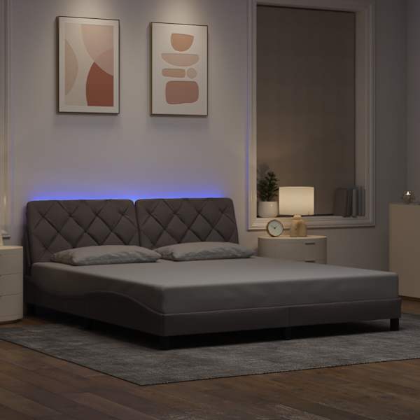 LED-valgustusega voodiraam, pruunikashall, 180 × 200 cm, kangas — mudel 3310689