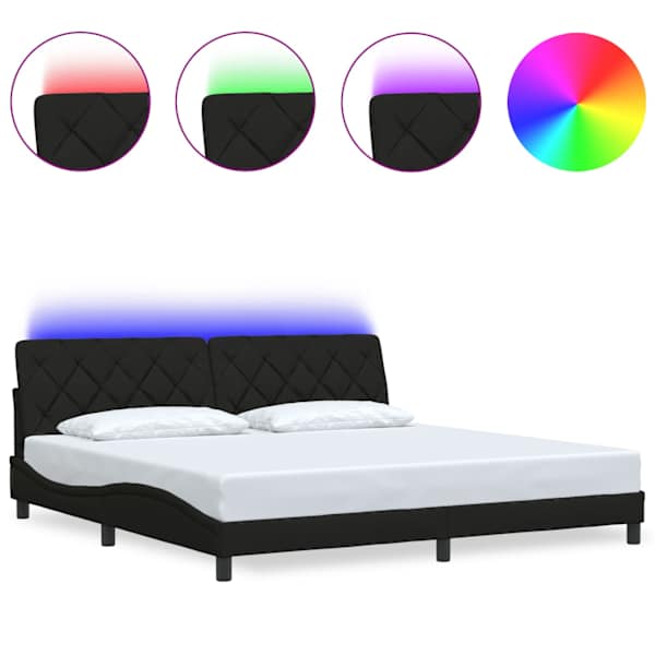 LED-valgustusega voodiraam, must, 200 × 200 cm, kangas — mudel 3310694