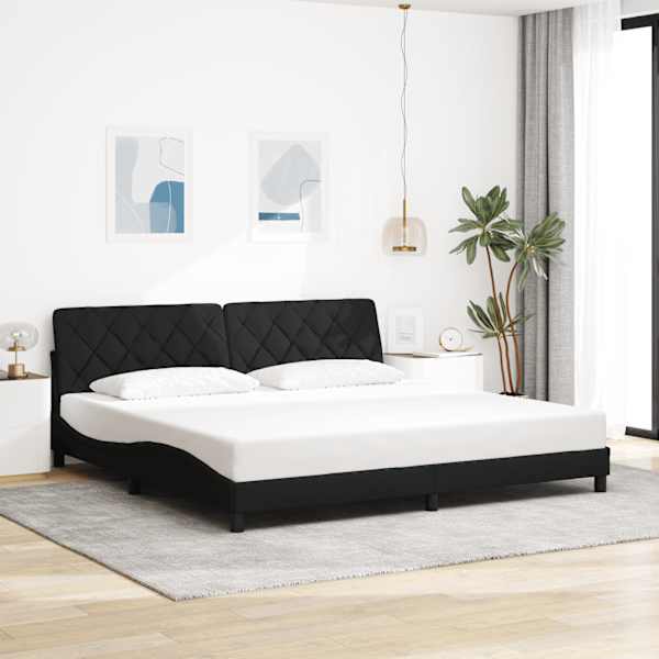 LED-valgustusega voodiraam, must, 200 × 200 cm, kangas — mudel 3310694