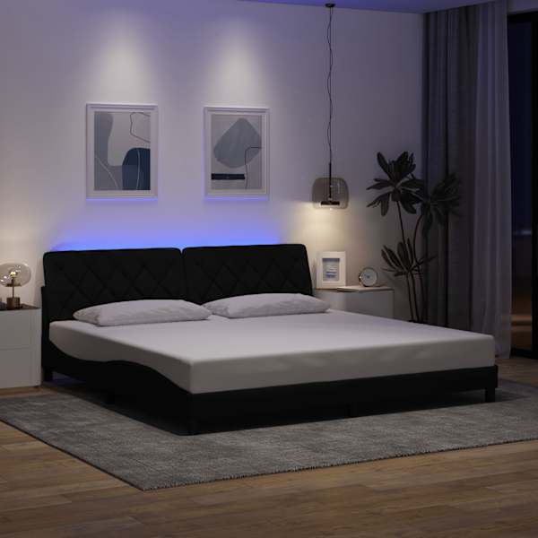 LED-valgustusega voodiraam, must, 200 × 200 cm, kangas — mudel 3310694