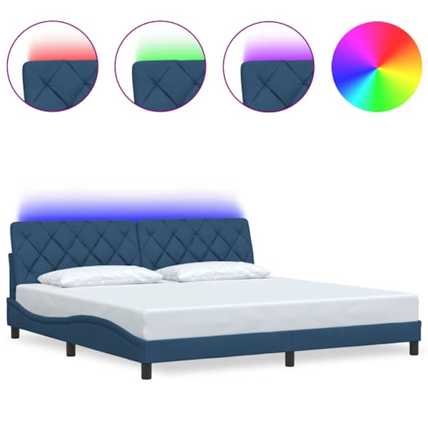 LED-valgustusega voodiraam, sinine, 200 × 200 cm, kangas — mudel 3310698