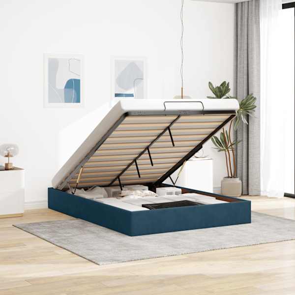 Voodiraam, tumesinine, 140 × 190 cm, samet — mudel 3310965