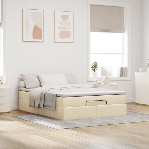 Voodiraam koos madratsiga, kreemjasvalge, 140 × 200 cm, kangas — mudel 3311118