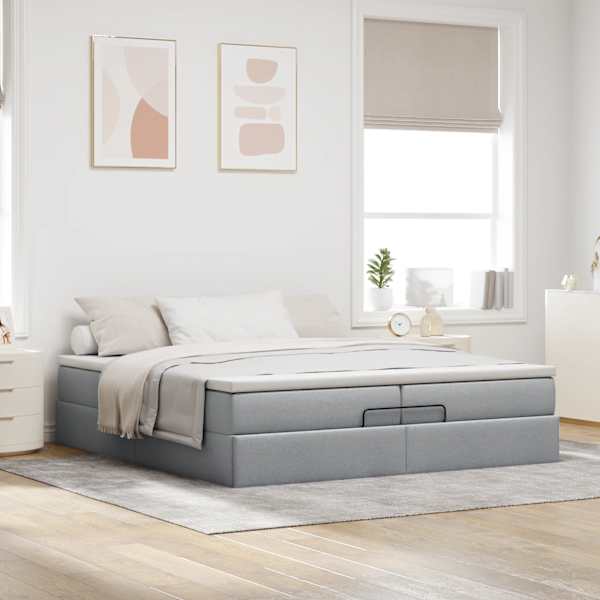 Voodiraam koos 2 madratsiga, helehall, 200 × 200 cm, kangas — mudel 3311134