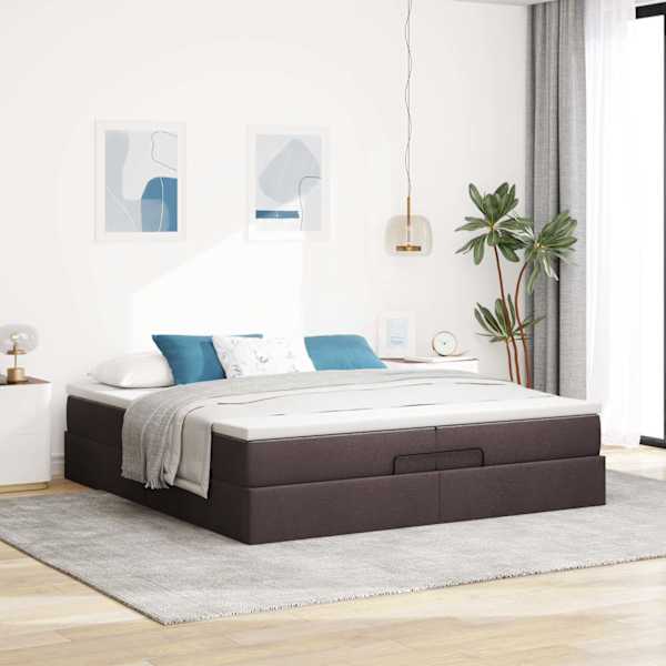 Voodiraam koos 2 madratsiga, tumepruun, 200 × 200 cm, kangas — mudel 3311137