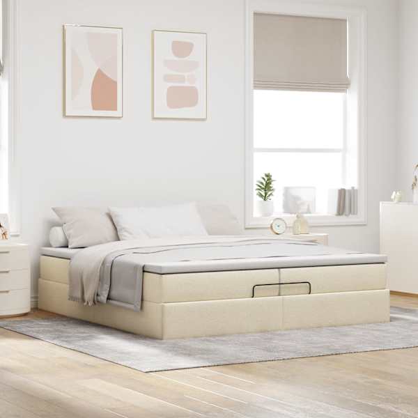 Voodiraam koos 2 madratsiga, kreemjasvalge, 200 × 200 cm, kangas — mudel 3311139