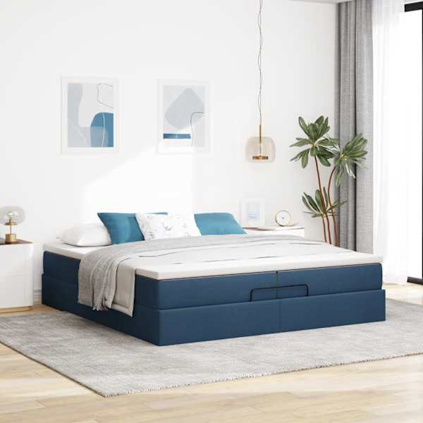 Voodiraam koos 2 madratsiga, sinine, 200 × 200 cm, kangas — mudel 3311140