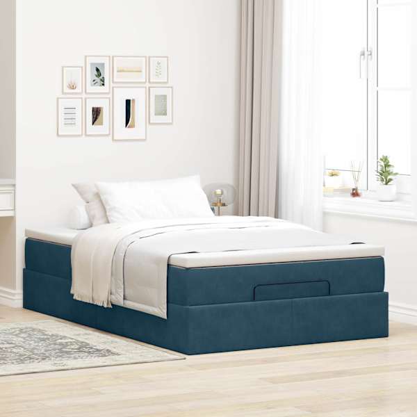 Voodiraam koos madratsiga, tumesinine, 120 × 190 cm, samet — mudel 3311175