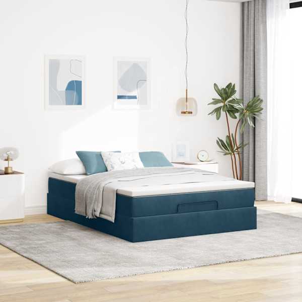 Voodiraam koos madratsiga, tumesinine, 140 × 200 cm, samet — mudel 3311193
