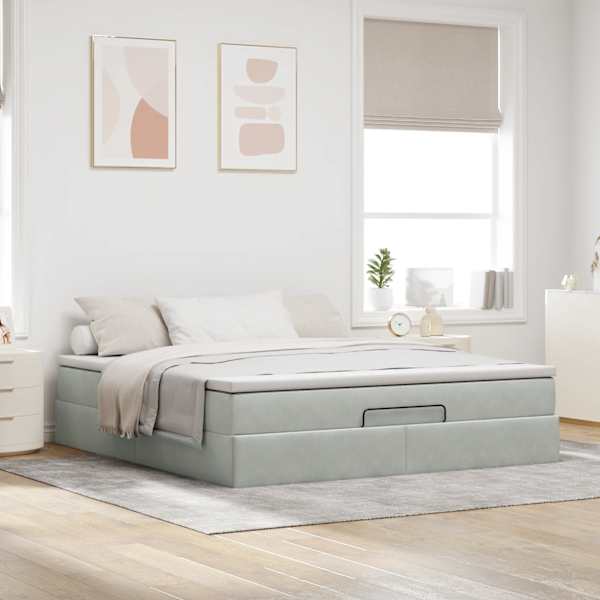 Voodiraam koos madratsiga, helehall, 160 × 200 cm, samet — mudel 3311195
