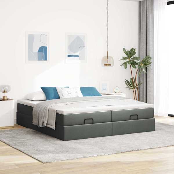 Voodiraam koos 2 madratsiga, 2 voodiraami, tumehall, 200 × 200 cm, kangas — mudel 3311249