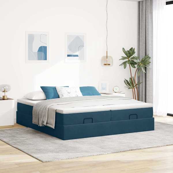 Voodiraam koos 2 madratsiga, 2 voodiraami, tumesinine, 180 × 200 cm, samet — mudel 3311265