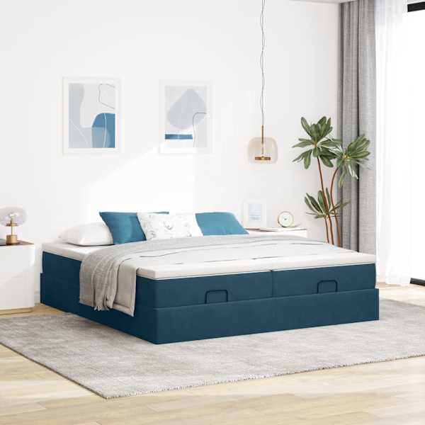 Voodiraam koos 2 madratsiga, 2 voodiraami, tumesinine, 200 × 200 cm, samet — mudel 3311271
