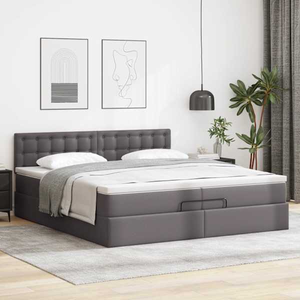 Voodiraam peatsiga koos 2 madratsiga, hall, 200 × 200 cm, kunstnahk — mudel 3311326