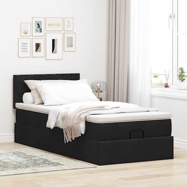 Voodiraam peatsiga koos madratsiga, must, 90 × 200 cm, kangas — mudel 3311347