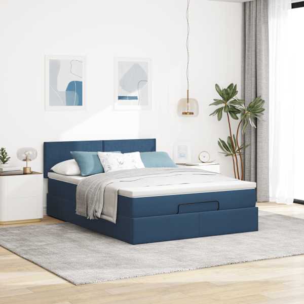 Voodiraam peatsiga koos madratsiga, sinine, 140 × 200 cm, kangas — mudel 3311386