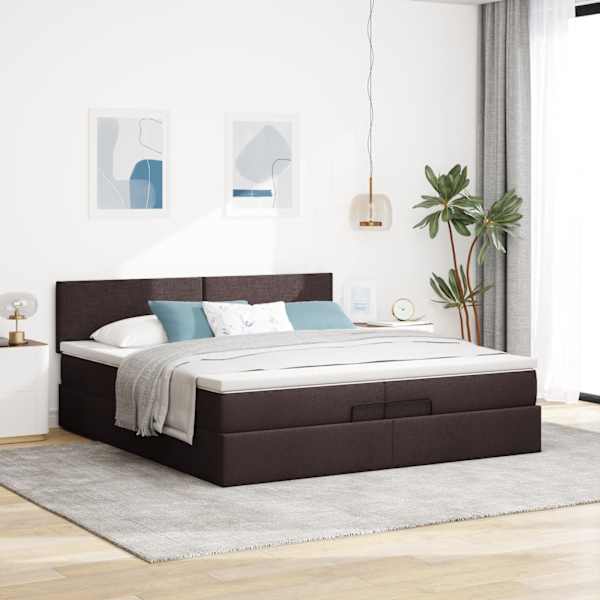 Voodiraam peatsiga koos 2 madratsiga, tumepruun, 200 × 200 cm, kangas — mudel 3311404