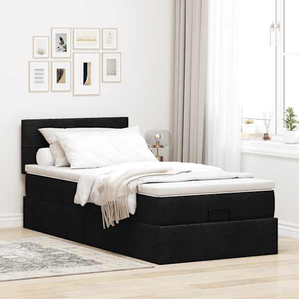 Voodiraam peatsiga koos madratsiga, must, 100 × 200 cm, kangas — mudel 3311437