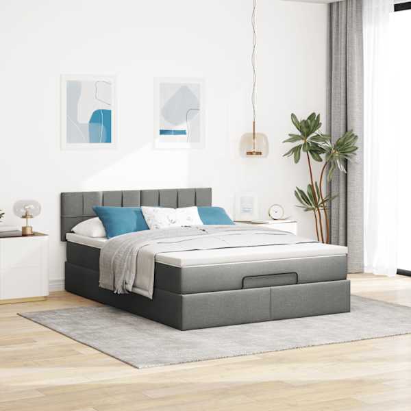 Voodiraam peatsiga koos madratsiga, tumehall, 140 × 200 cm, kangas — mudel 3311464