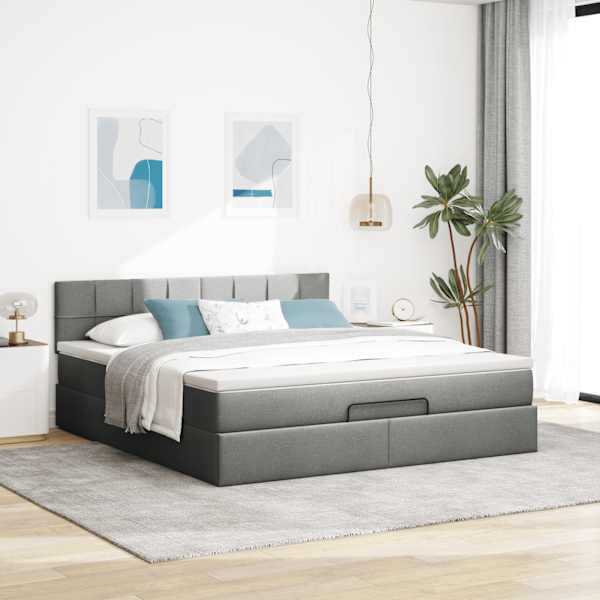 Voodiraam peatsiga koos madratsiga, tumehall, 180 × 200 cm, kangas — mudel 3311478