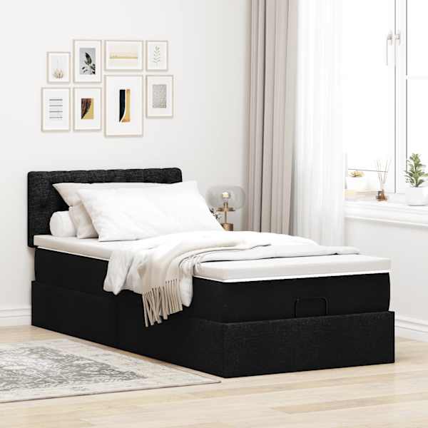 Voodiraam peatsiga koos madratsiga, must, 90 × 200 cm, kangas — mudel 3311513