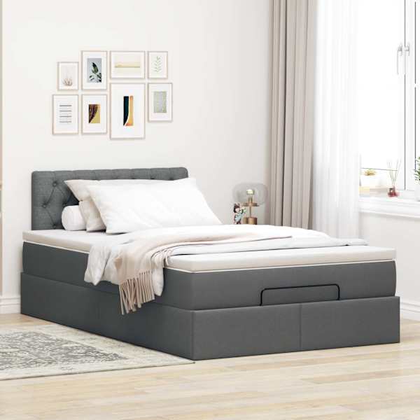 Voodiraam peatsiga koos madratsiga, tumehall, 120 × 190 cm, kangas — mudel 3311526