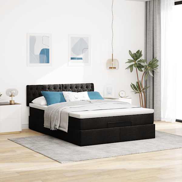 Voodiraam peatsiga koos madratsiga, must, 140 × 190 cm, kangas — mudel 3311541