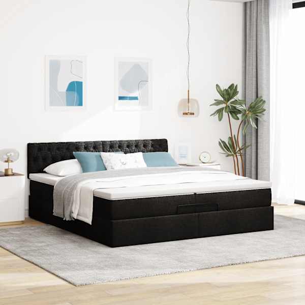Voodiraam peatsiga koos 2 madratsiga, must, 200 × 200 cm, kangas — mudel 3311569
