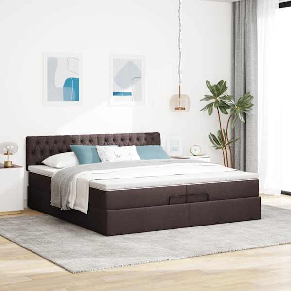 Voodiraam peatsiga koos 2 madratsiga, tumepruun, 200 × 200 cm, kangas — mudel 3311570