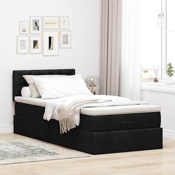 Voodiraam peatsiga koos madratsiga, must, 90 × 190 cm, kangas — mudel 3311589