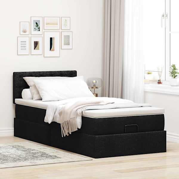 Voodiraam peatsiga koos madratsiga, must, 100 × 200 cm, kangas — mudel 3311603