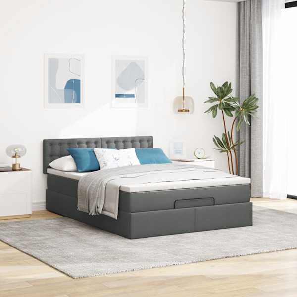Voodiraam peatsiga koos madratsiga, tumehall, 140 × 200 cm, kangas — mudel 3311630