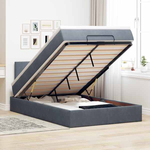 Voodiraam peatsiga koos madratsiga, tumehall, 120 × 190 cm, samet — mudel 3311688
