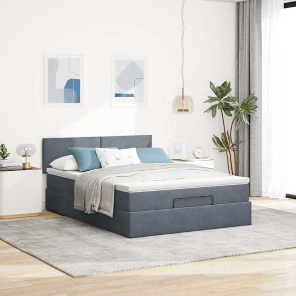 Voodiraam peatsiga koos madratsiga, tumehall, 140 × 190 cm, samet — mudel 3311700